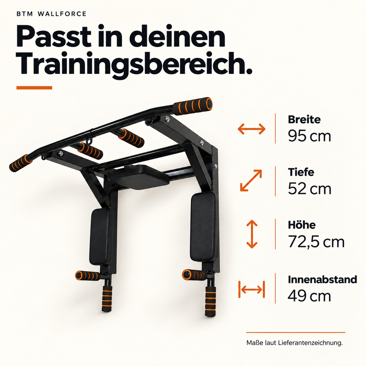 BTM WallForce Maße: Breite 95 cm, Tiefe 52 cm, Höhe 72,5 cm, Innenabstand 49 cm