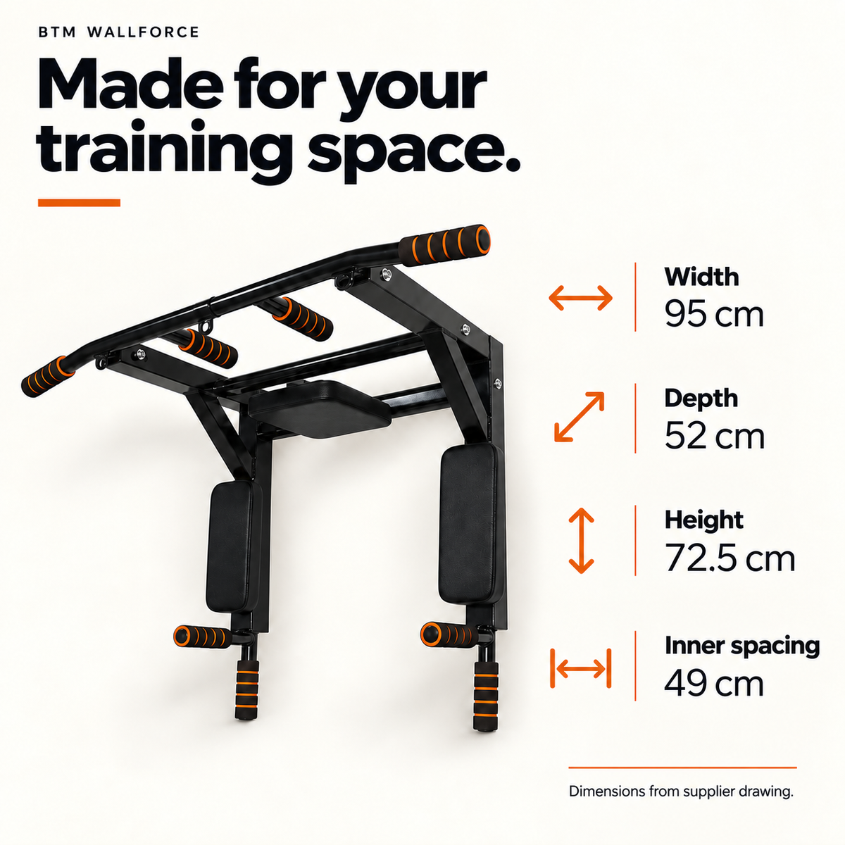BTM WallForce dimensions: width 95 cm, depth 52 cm, height 72.5 cm, inner spacing 49 cm